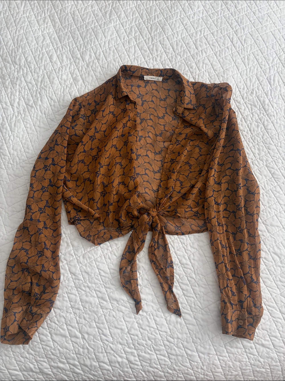 Timing Tie-Front Button Down Shirt in Rust with Navy Floral